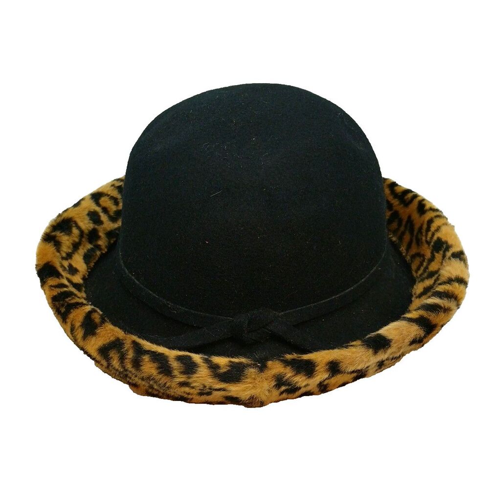 BETMAR Vintage Womens Hat Black Wool Felt Leopard Print Fabric Trim Mob Wife
